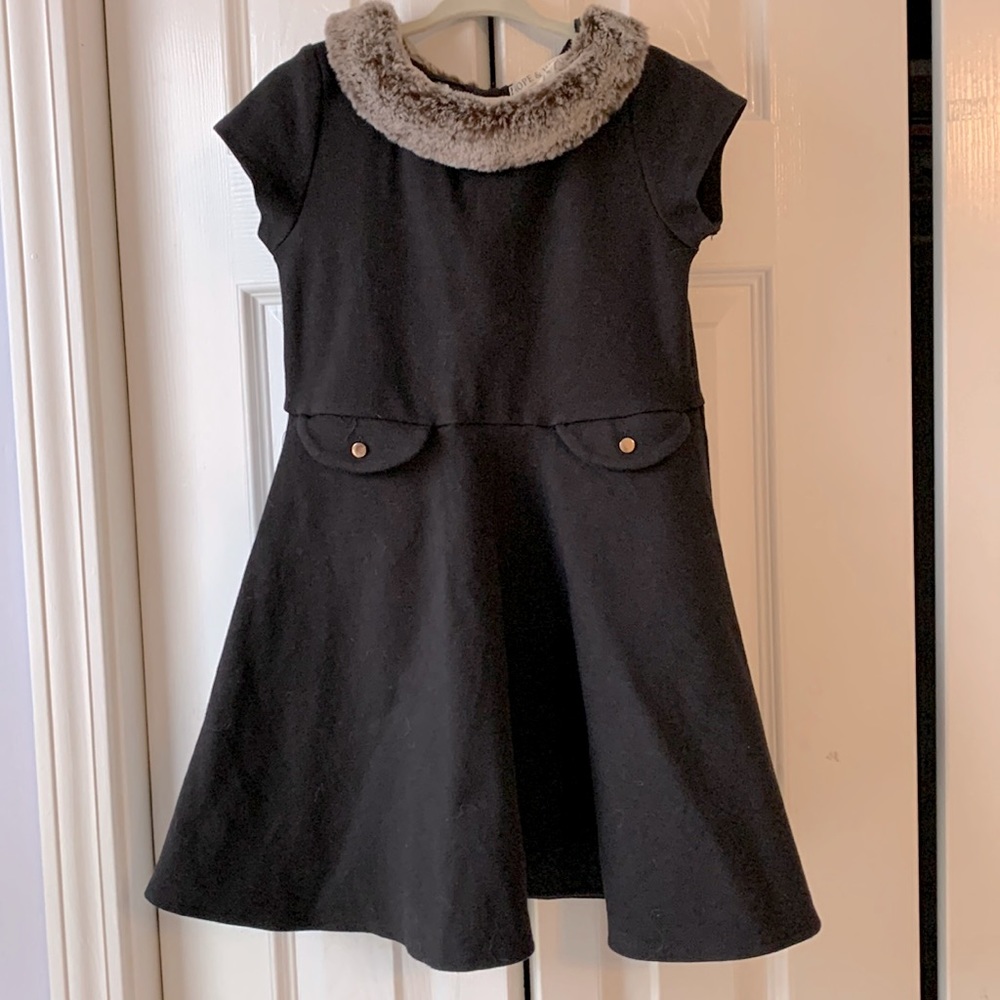 Size 5 - Hope & Henry Girls' Ponte Dress with Faux Fur Collar